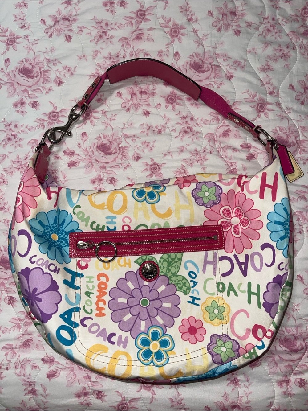 COACH Signature Poppy Colorful Floral Shoulder Hobo Bag
